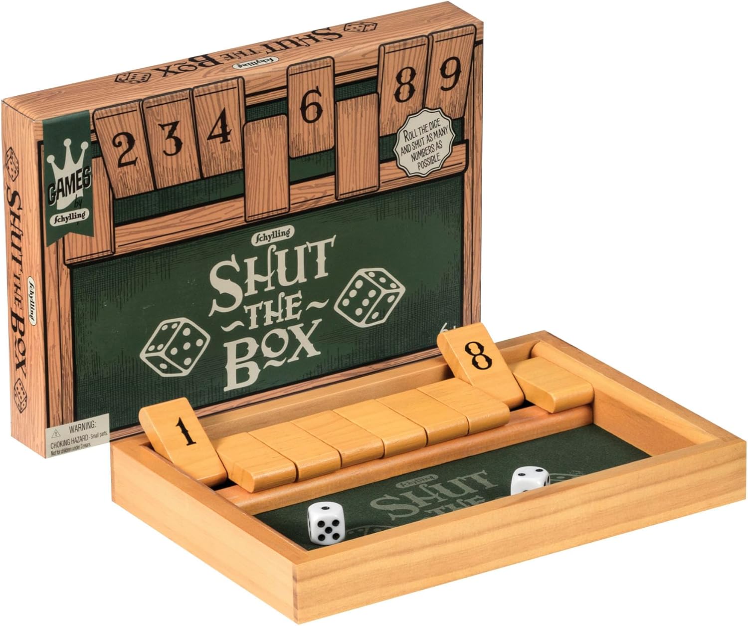 Schylling Shut the Box - Family Game of Strategy and Chance - Includes Collectible Wooden Game Box. Felt Bottom. Rounded Dice. and Detailed Instructions - Ages 6 and Up