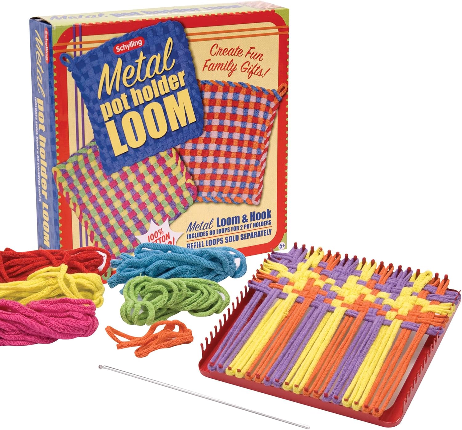 Schylling Metal Pot Holder Loom Kit - Classic Durable Weaving Frame to Make Pot Holders - Includes Loom. Hook. Instructions. and 80 Colorful Cotton Loops - Ages 5 and Up